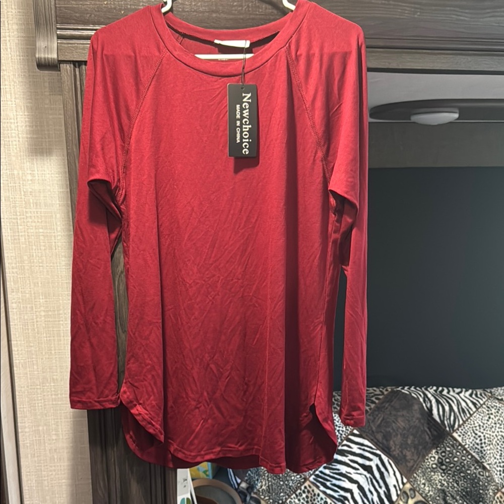 Red Long Sleeve Relaxed Tunic Blouse